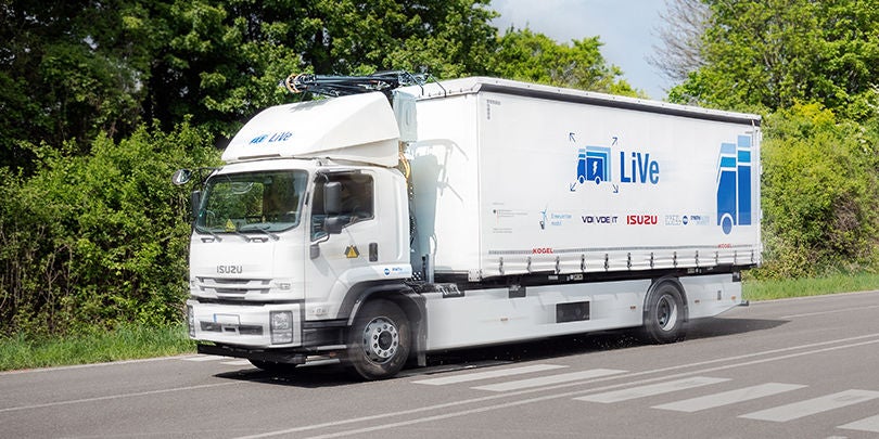 Electrified truck with pantographs and Webasto components