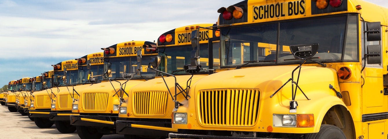 American school buses are lined up one behind the other