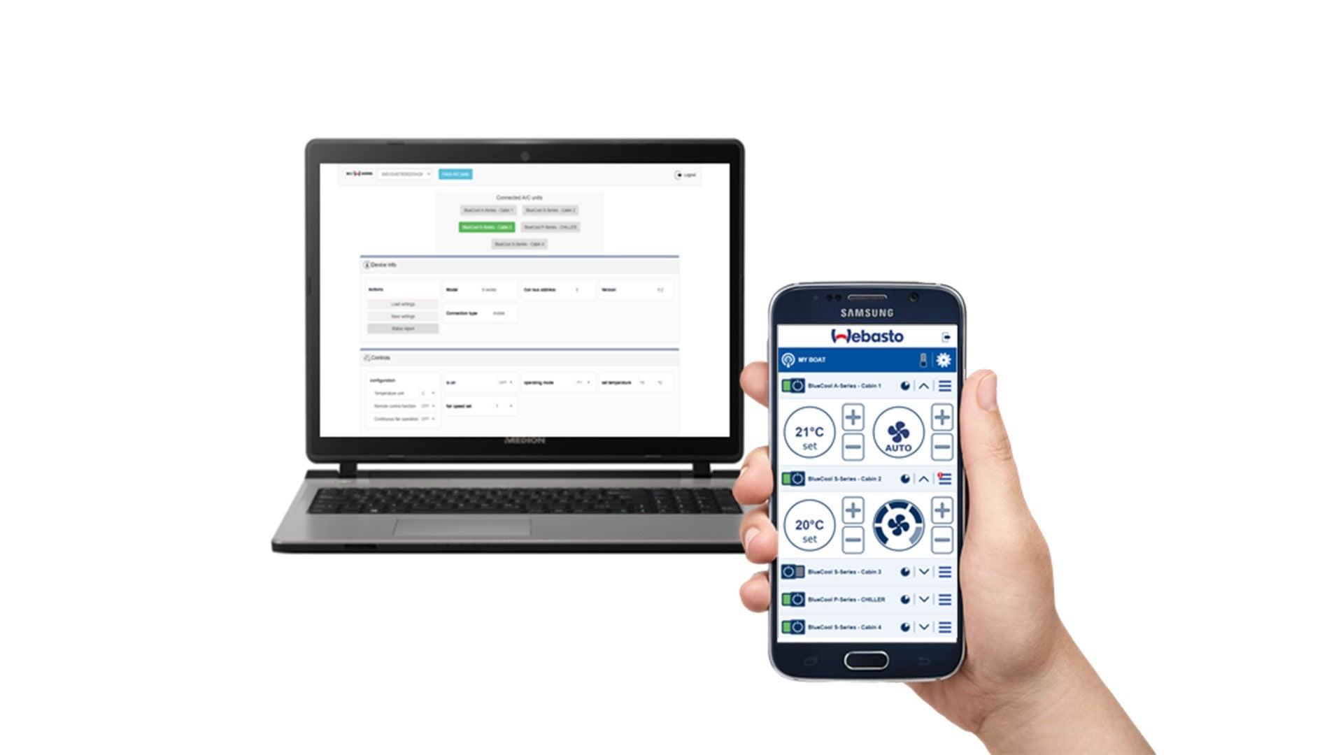 Hand holding a smartphone with BlueCool Connect App and PC in the background