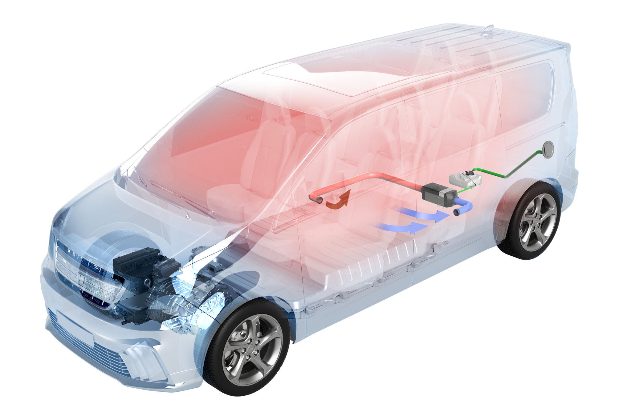 The heater is fitted between the front and rear axles. When using recirculated preheated air from the vehicle’s trunk, it allows the air to be used in an energy-efficient manner. The warm air is then distributed in the footwell.